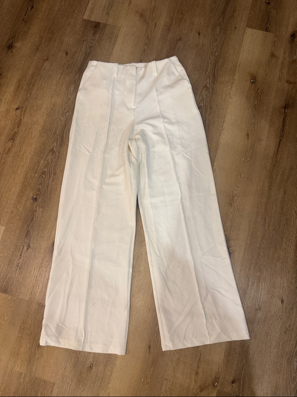 Cream Wide-Leg Pleated Trousers